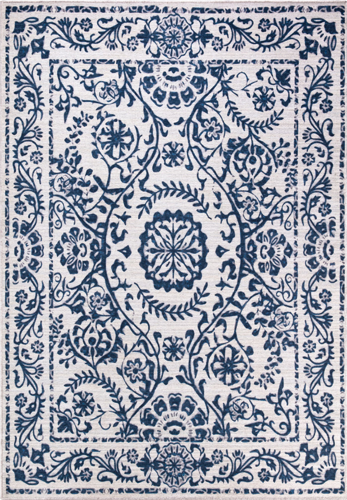 Parker Blue Floral Vines Washable Rug