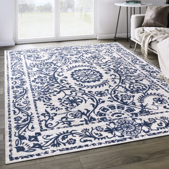 Parker Blue Floral Vines Washable Rug