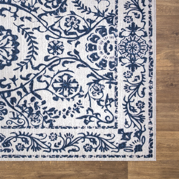 Parker Blue Floral Vines Washable Rug