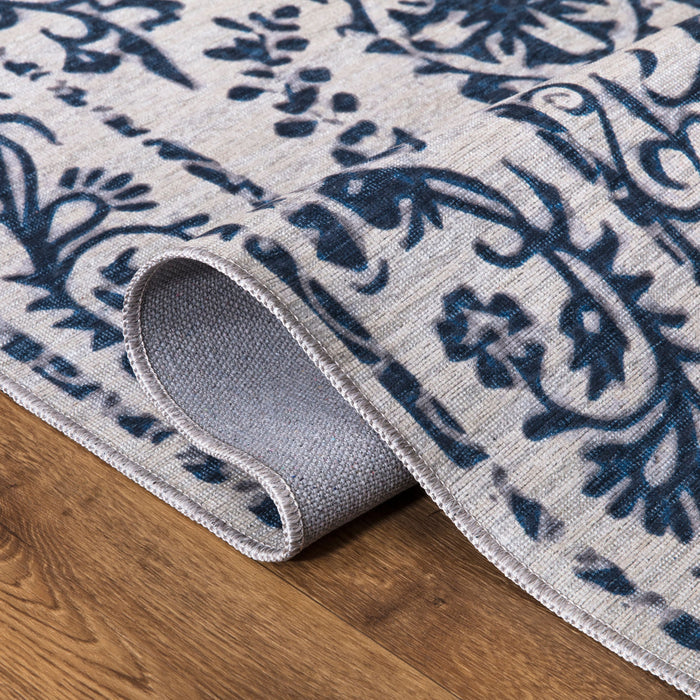 Parker Blue Floral Vines Washable Rug
