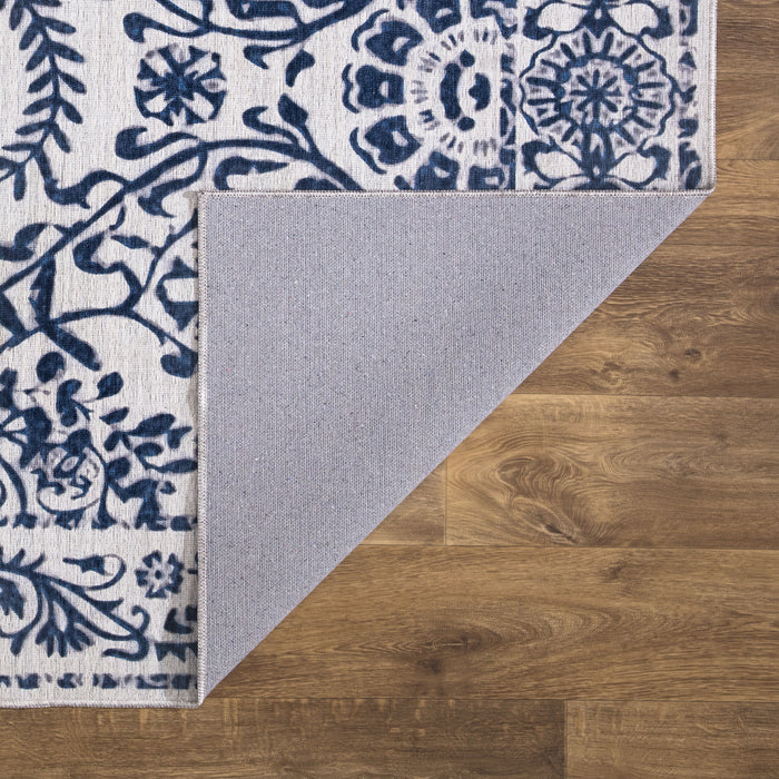 Parker Blue Floral Vines Washable Rug