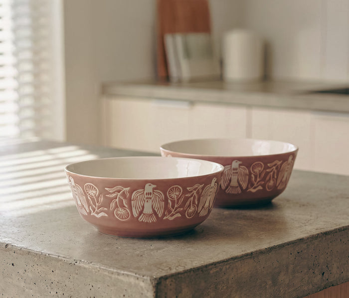 Two terracotta-colored ceramic bowls with white hand-painted bird and floral motifs, displayed on a concrete kitchen counter with a blurred background.