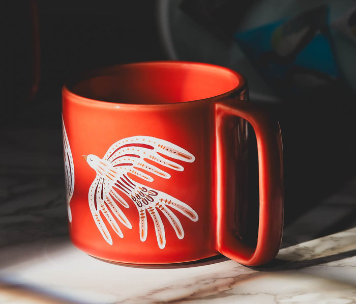 Crimson Plume Birds Ceramic Mugs - lollygag