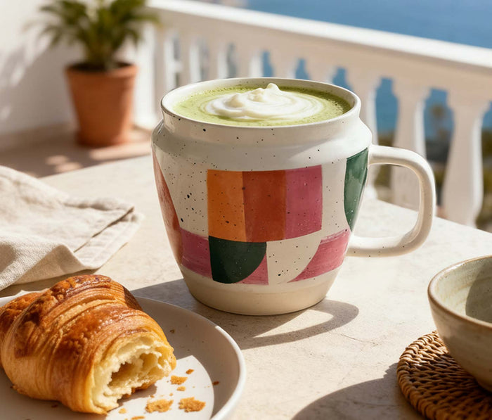 Geometric brushstroke mug with match on a balcony  - Lollygag