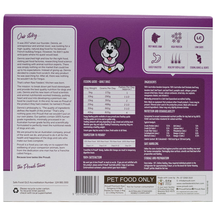 Proudi Kangaroo and Beef Raw Dog Food Patties 2.4kg