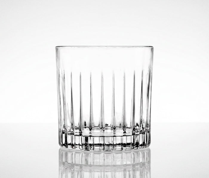 RCR Luxion Timeless Rocks crystal glass, front view with geometric cut pattern - Lollygag