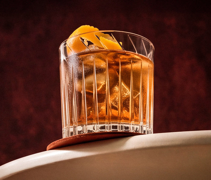 Close-up of cut crystal glass pattern on RCR Luxion lead-free whiskey tumbler - lollygag