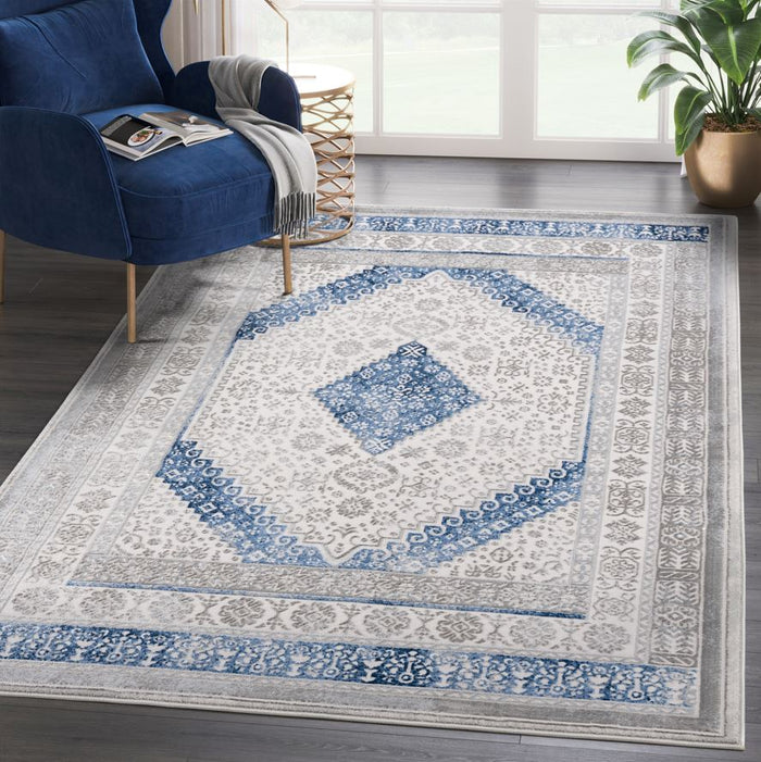 Regal Grey Blue Traditional Washable Persian Rug