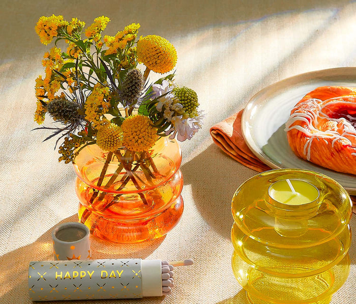 Modern Ripple amber /yellow votive, taper candle glass  holder or mini vase with flowers