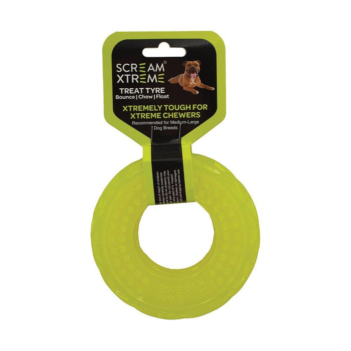 Scream Xtreme Treat Tyre Medium/Large Green Dog Toy-Habitat Pet Supplies