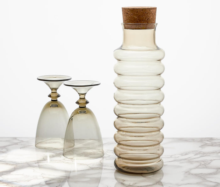 Vintage Smokey Topaz Glass Carafe and Mikasa Glasses Set - lollygag