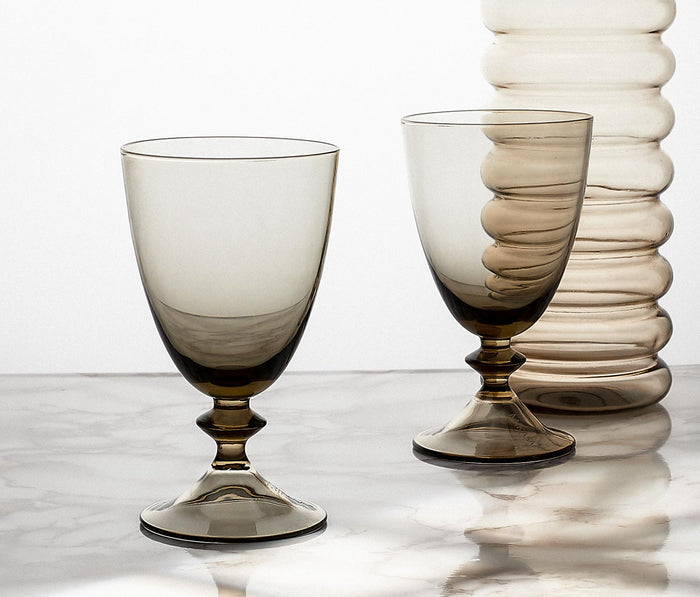 Vintage Smokey Topaz Glass Carafe and Mikasa Glasses Set - lollygag