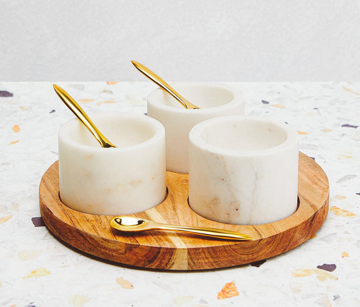 Wood & Marble Condiment/Spice Dish Set