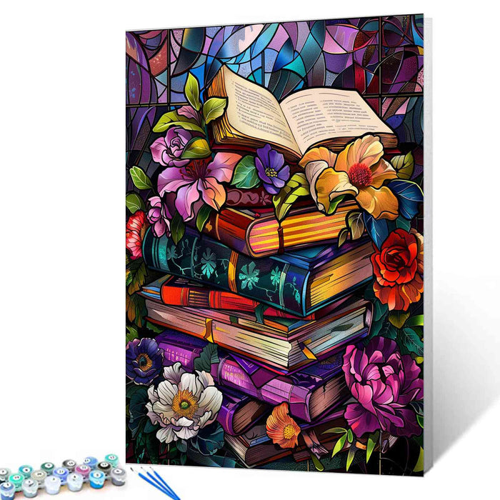 Stained Glass Books and Flowers Paint by Numbers - Tucocoo