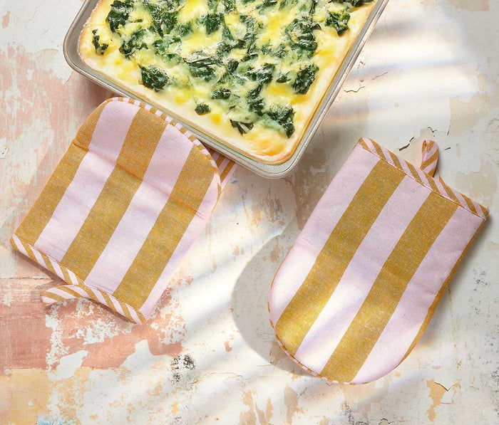 Yellow and pink striped cotton mini oven mitts set of 2 - Lollygag