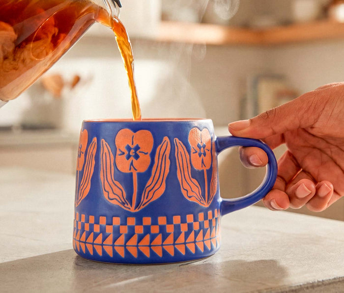 Blue/Orange Pansy Floral patterned Stoneware Mug Set - lollygag