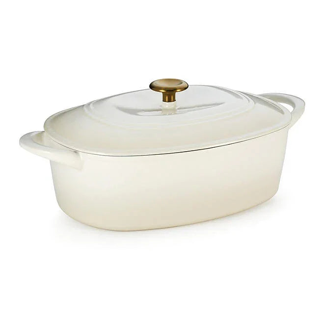 Tramontina Cast Iron Oval Dutch Oven Pot with Lid, Latte with Gold - Front