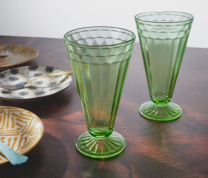 Vintage Hazel Atlas Apple Green Ribbon Parfait/Fountain Glass Set - Lollygag.co
