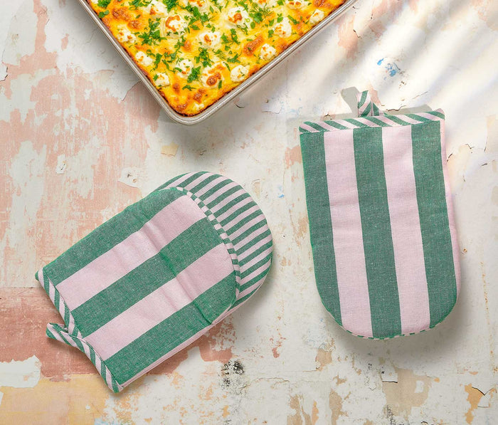 Green and pink striped cotton mini oven mitts set of 2- Lollygag