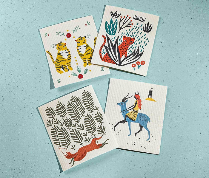 Whimsical Forest,Fox, Tigers, Cheetah, Warrior Girl reusable Swedish dish cloths