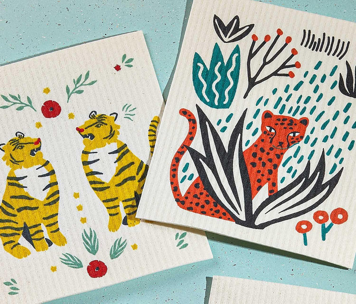 Whimsical Forest Tigers, Cheetah reusable Swedish dish cloths