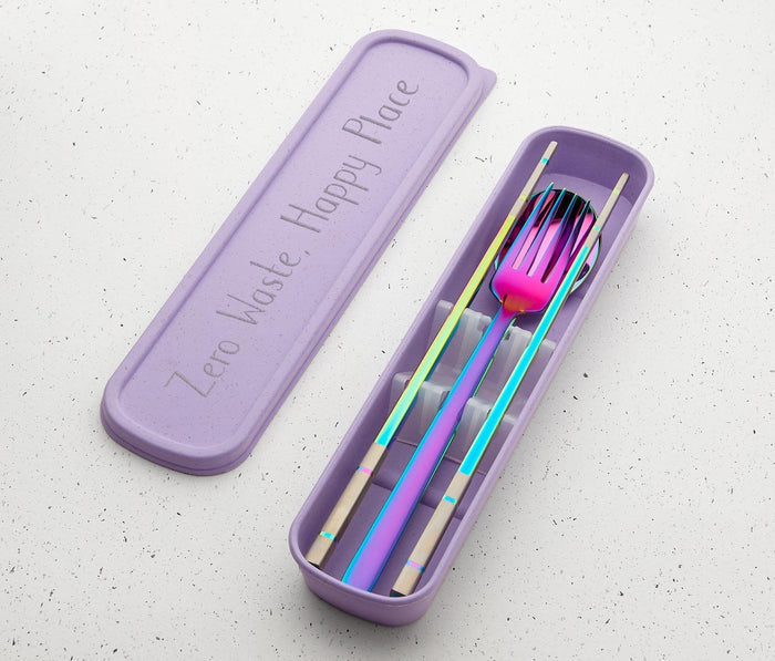Rainbow Iridescent reusable travel flatware with case