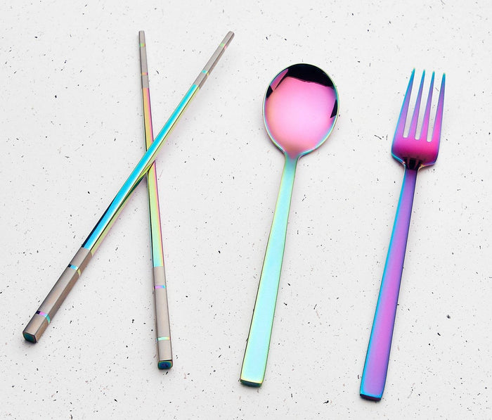 Rainbow Iridescent reusable travel flatware with case