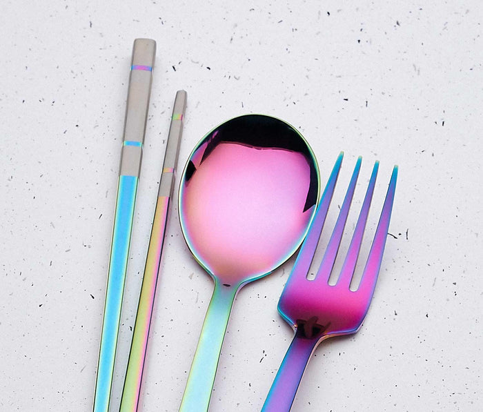 Rainbow Iridescent reusable travel flatware with case